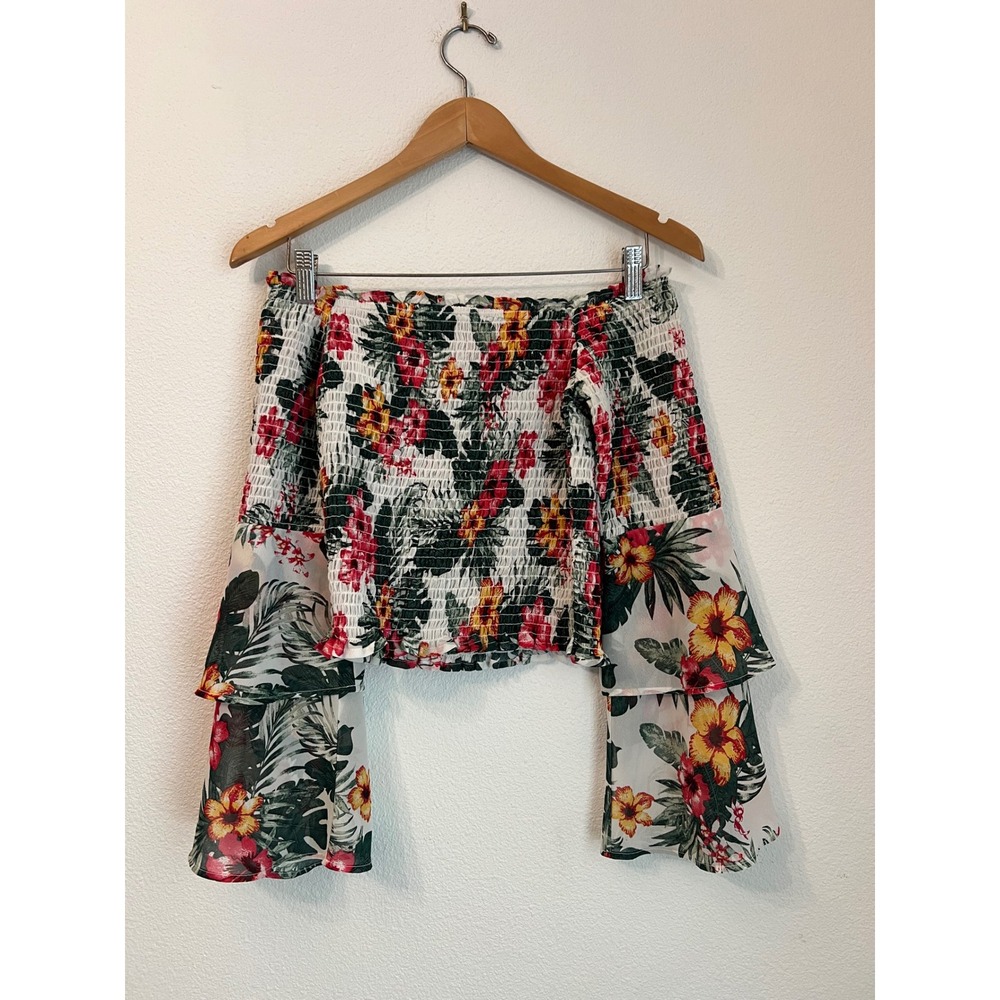 Guess Los Angeles Floral Smocked Off Shoulder Ruffle Sleeve Top